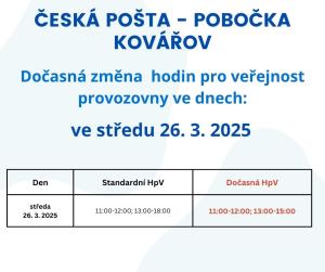 změna ot. doby pošty Kovářov
